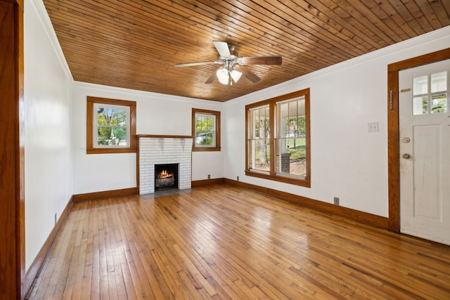 unfurnished living room featuring light hardwood / wood-style flooring, plenty of natural light, and wooden ceiling