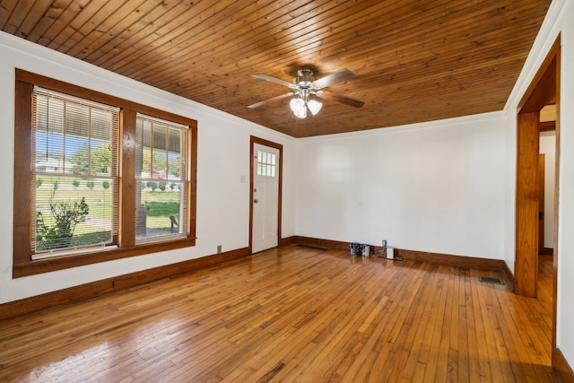 spare room with ornamental molding, ceiling fan, wooden ceiling, and light hardwood / wood-style floors