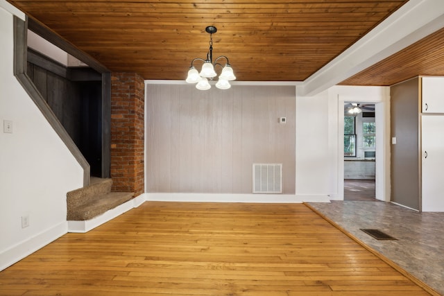 unfurnished dining area with wooden walls, wooden ceiling, and light hardwood / wood-style flooring