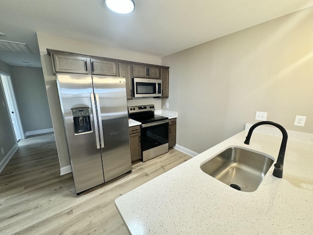 kitchen featuring stainless steel appliances, dark brown cabinetry, light hardwood / wood-style flooring, light stone counters, and sink