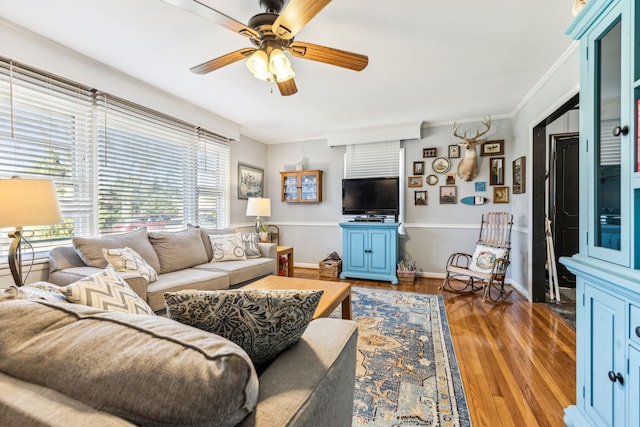 living room featuring dark hardwood / wood-style floors, ornamental molding, and ceiling fan