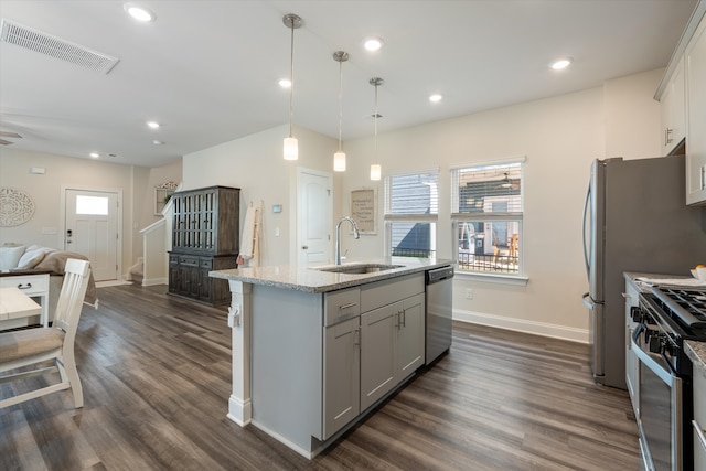 kitchen featuring a kitchen island with sink, stainless steel appliances, dark hardwood / wood-style floors, and sink