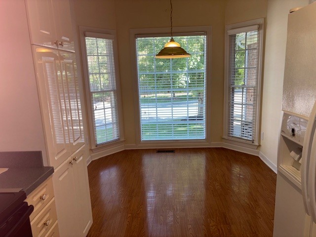 unfurnished dining area with plenty of natural light and dark hardwood / wood-style flooring