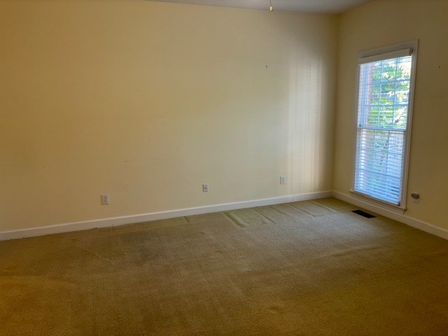 carpeted spare room with ceiling fan