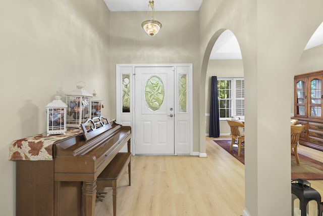 foyer with a towering ceiling and light wood-type flooring