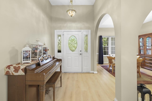 455 Bluff View Dr, Spencer, TN 38585 - entrance foyer featuring light wood-style flooring, a towering ceiling, arched walkways, and baseboards