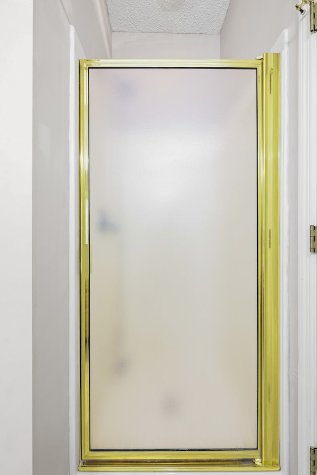 bathroom with a textured ceiling and a shower with door