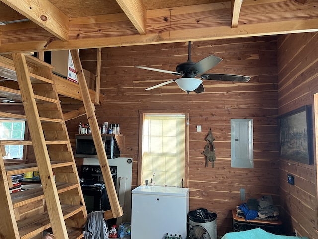 interior space with electric panel and ceiling fan