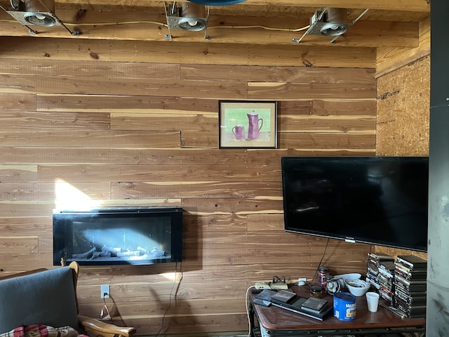 living room with wooden walls