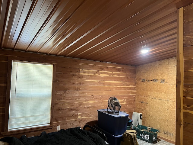 interior space featuring wood walls and wooden ceiling