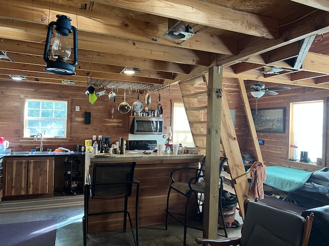 kitchen featuring ceiling fan, wood walls, and black electric range oven