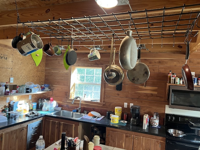 kitchen featuring black oven, wood walls, and sink