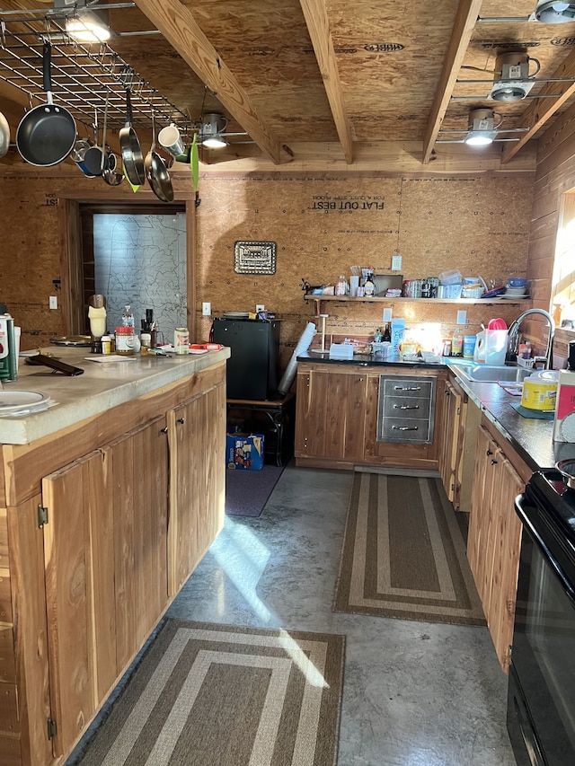 kitchen featuring wood walls, sink, and black range with electric stovetop