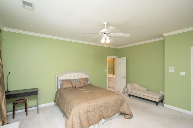 carpeted bedroom featuring ceiling fan, connected bathroom, and ornamental molding