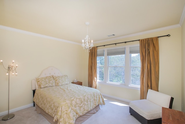 bedroom featuring crown molding, a chandelier, and light carpet