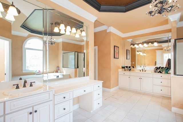 bathroom featuring walk in shower, ornamental molding, and vanity