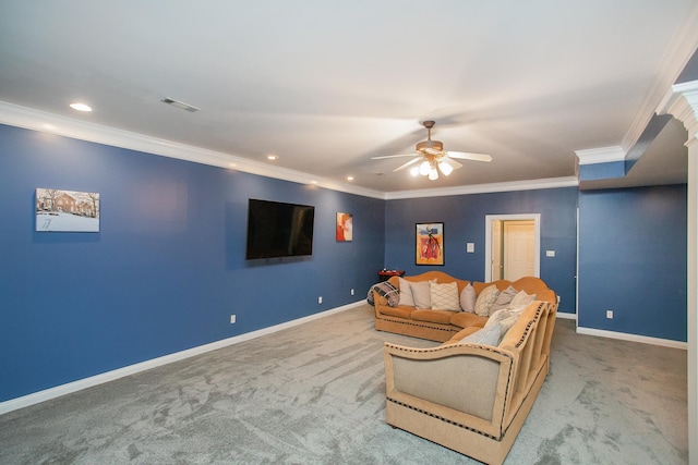 living room with ornamental molding and carpet flooring