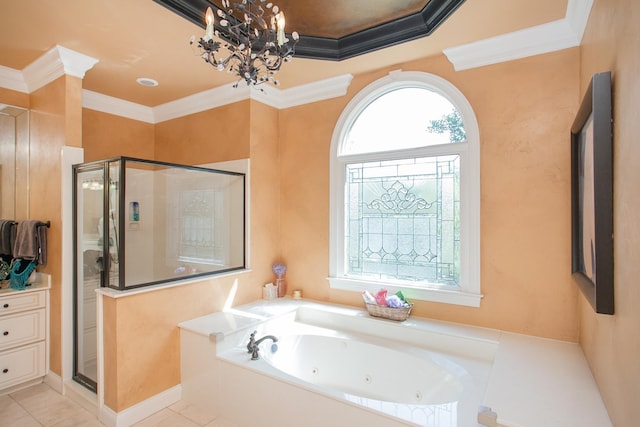 bathroom with ornamental molding, a notable chandelier, tile patterned flooring, and plus walk in shower