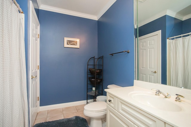 bathroom featuring tile patterned flooring, ornamental molding, vanity, and toilet