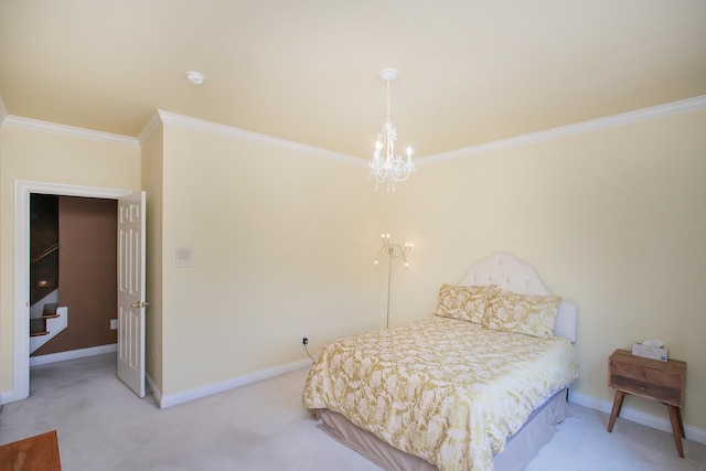 carpeted bedroom with crown molding and an inviting chandelier