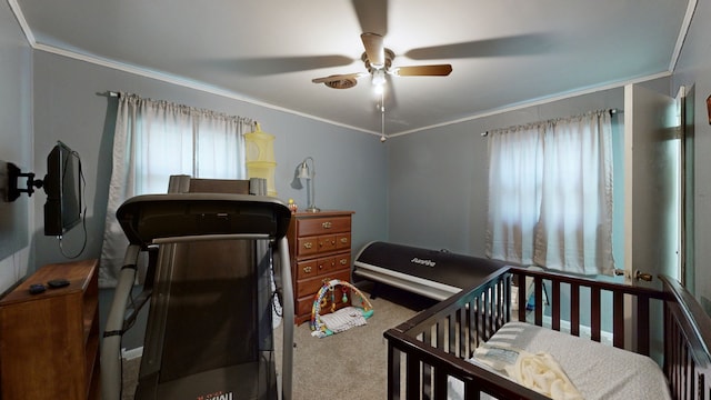 bedroom featuring crown molding, carpet floors, and ceiling fan