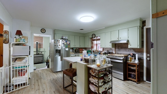 kitchen with sink, a kitchen bar, backsplash, light hardwood / wood-style floors, and stainless steel appliances