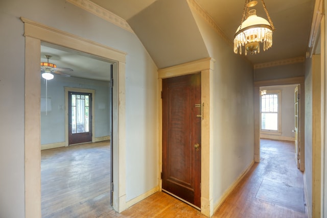 hallway featuring a wealth of natural light, baseboards, and light wood finished floors