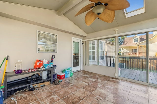 sunroom / solarium featuring ceiling fan, plenty of natural light, and vaulted ceiling with skylight