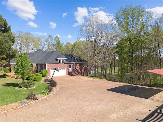 view of side of property with a lawn, a garage, and a carport