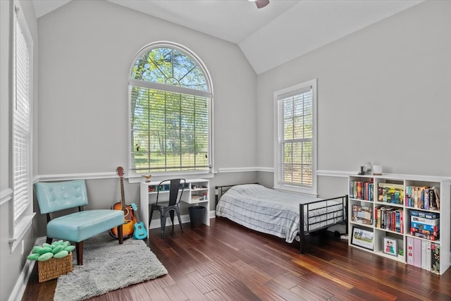 bedroom featuring ceiling fan, lofted ceiling, dark wood-type flooring, and multiple windows