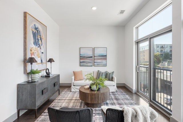 living room with dark hardwood / wood-style floors