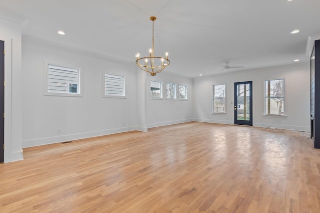 unfurnished living room with light hardwood / wood-style flooring, ceiling fan with notable chandelier, and ornamental molding