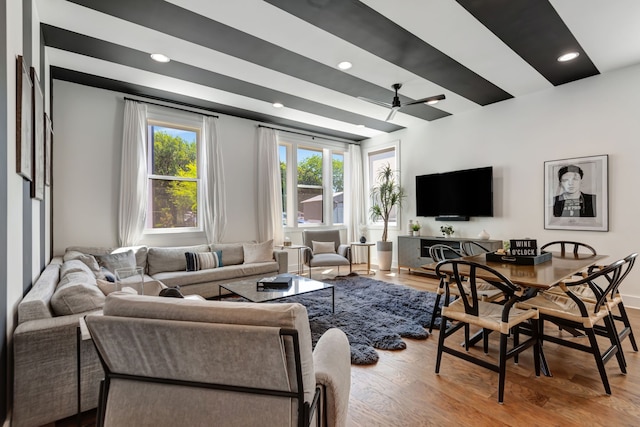 living room featuring ceiling fan and light hardwood / wood-style flooring