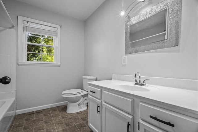 full bathroom featuring vanity, shower / tub combination, and toilet