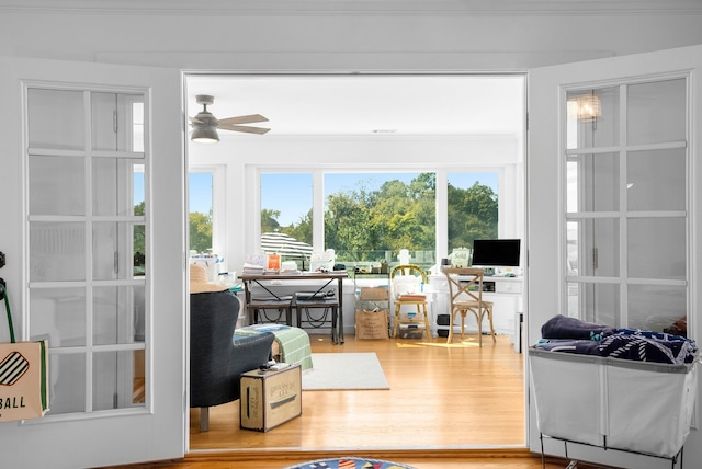 sunroom / solarium with ceiling fan