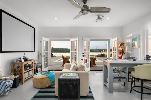 interior space with ceiling fan, french doors, and a healthy amount of sunlight