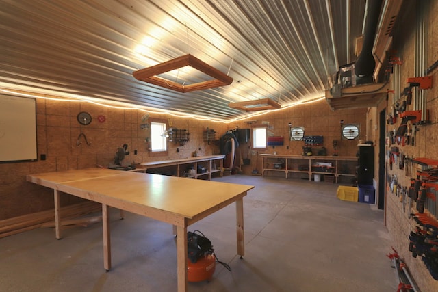 misc room featuring plenty of natural light, a workshop area, and concrete floors