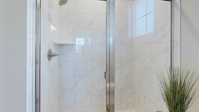 bathroom featuring a shower with shower door