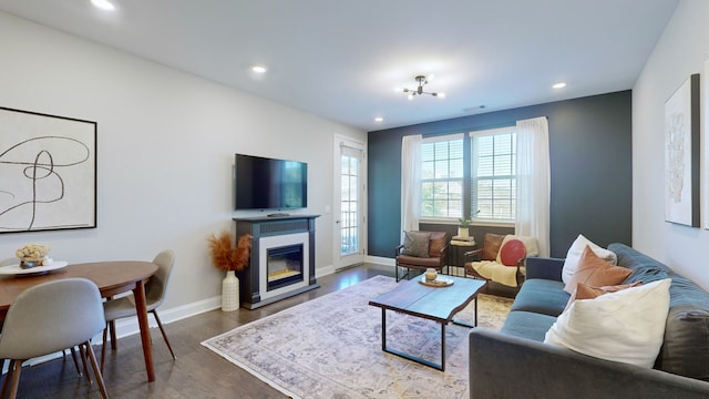 living room featuring dark hardwood / wood-style floors