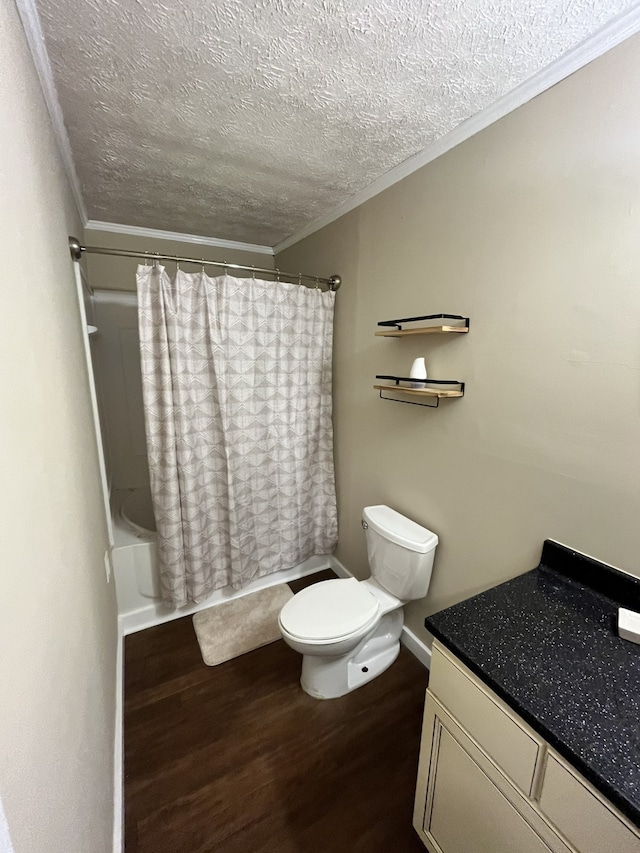 full bathroom with vanity, hardwood / wood-style flooring, toilet, and shower / bathtub combination with curtain