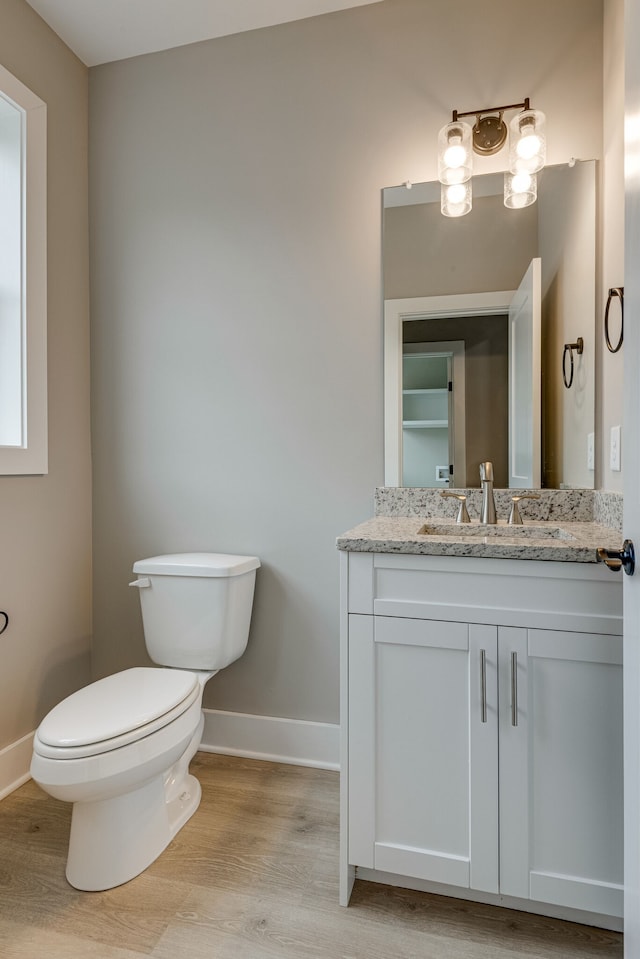 bathroom with wood-type flooring, vanity, and toilet