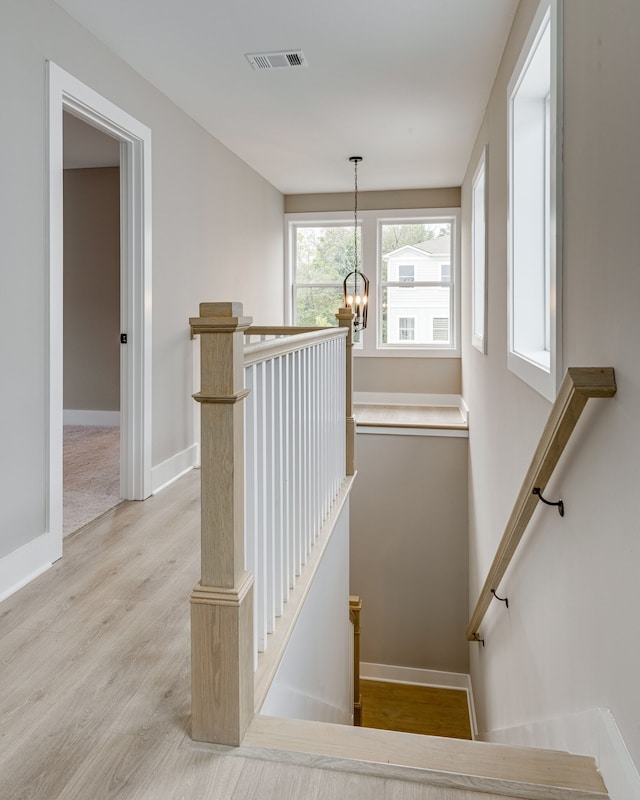 stairway with an inviting chandelier and hardwood / wood-style floors