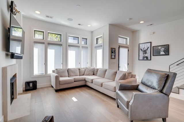 living room featuring light hardwood / wood-style floors and a healthy amount of sunlight