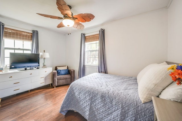 bedroom with ornamental molding, multiple windows, hardwood / wood-style floors, and ceiling fan