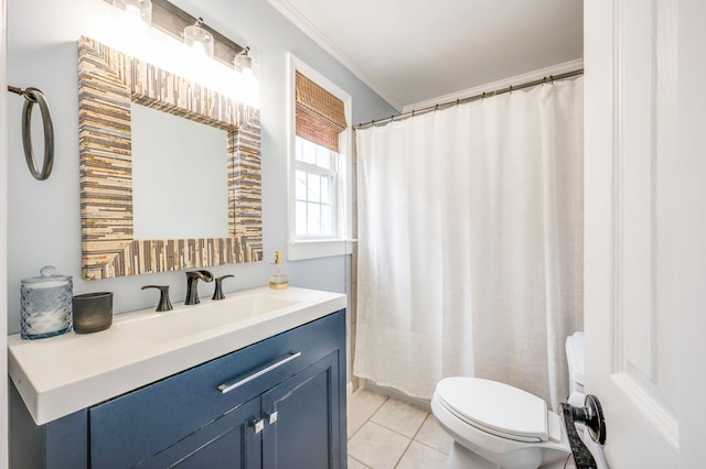 bathroom with ornamental molding, walk in shower, vanity, tile patterned flooring, and toilet