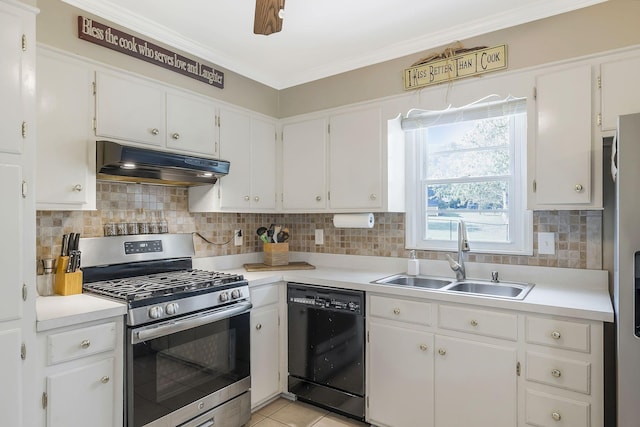 kitchen featuring gas stove, white cabinetry, dishwasher, and sink