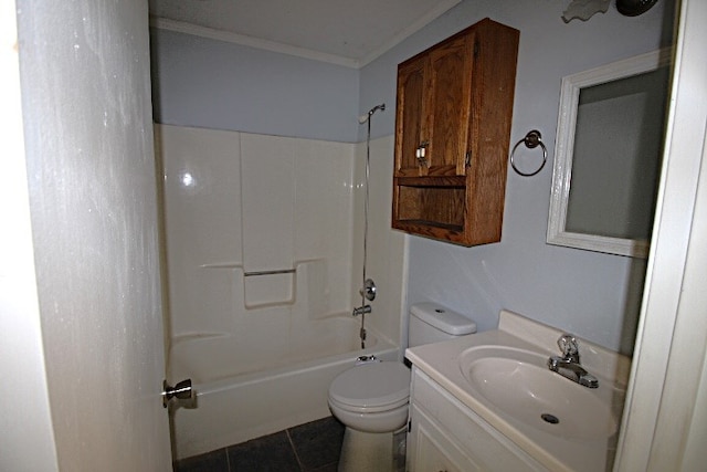 full bathroom with toilet, bathing tub / shower combination, tile patterned floors, ornamental molding, and vanity