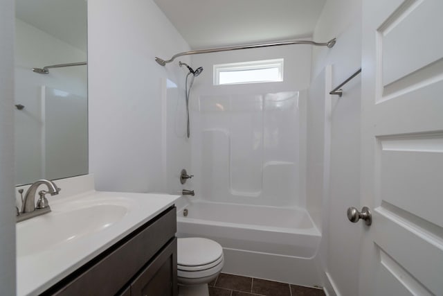 full bathroom with toilet, vanity, bathing tub / shower combination, and tile patterned flooring