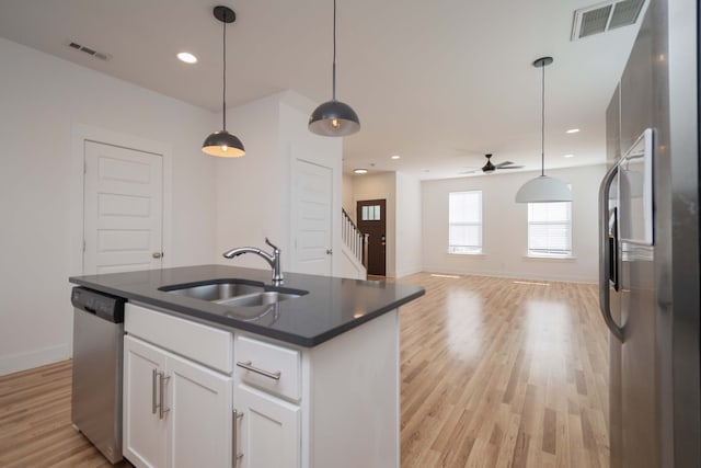 kitchen with an island with sink, sink, white cabinets, pendant lighting, and appliances with stainless steel finishes