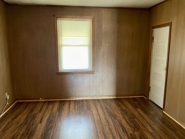 unfurnished room featuring wooden walls and dark wood-style floors